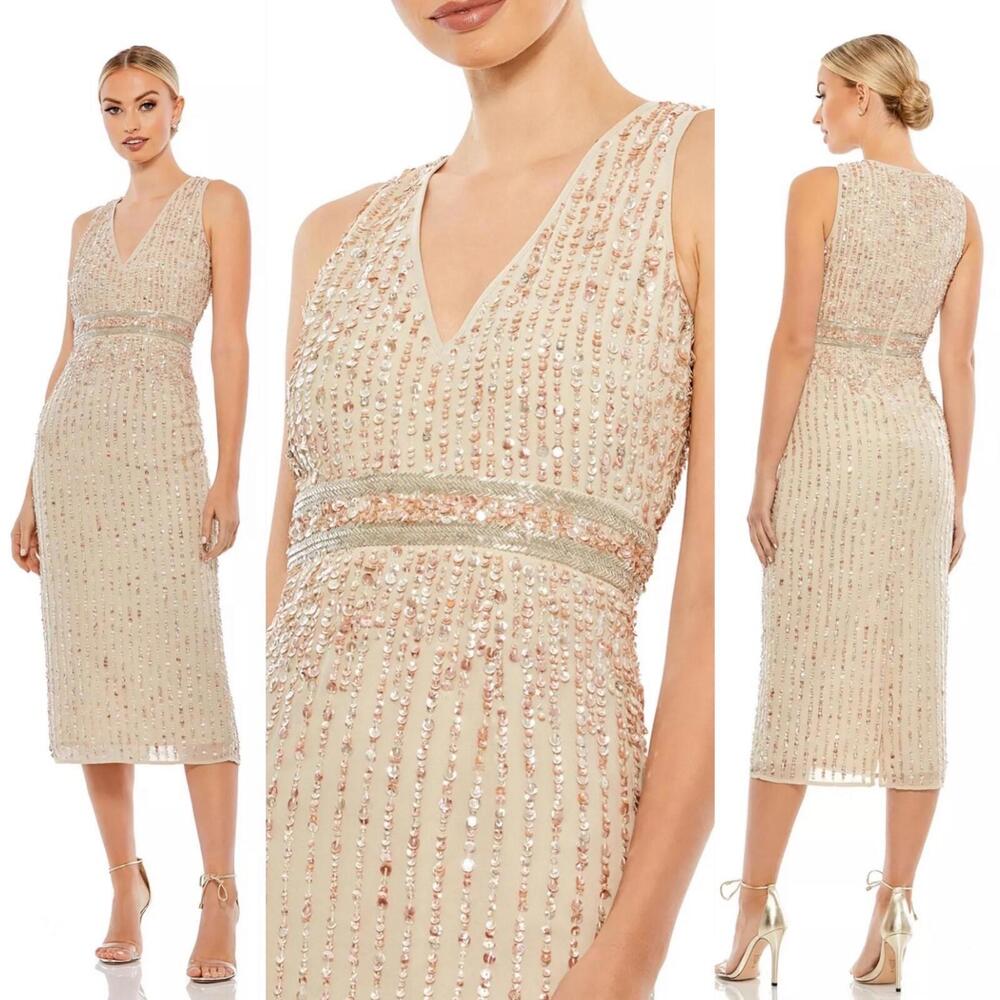 NWT MAC DUGGAL Sequined Sleeveless V-Neck Midi Sheath Dress# 93606 (Size 6)
